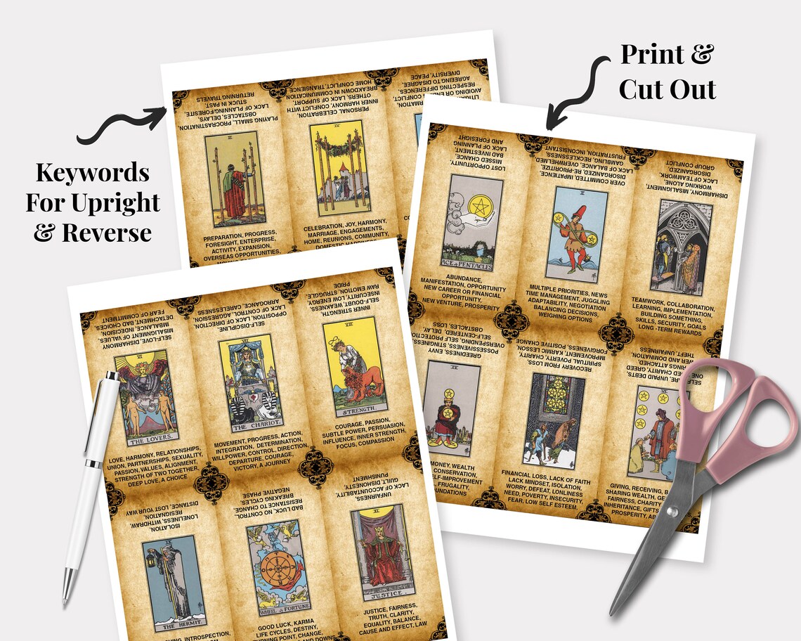 Printable Tarot Cards With Key Words Tarot Deck Tarot Flash Etsy