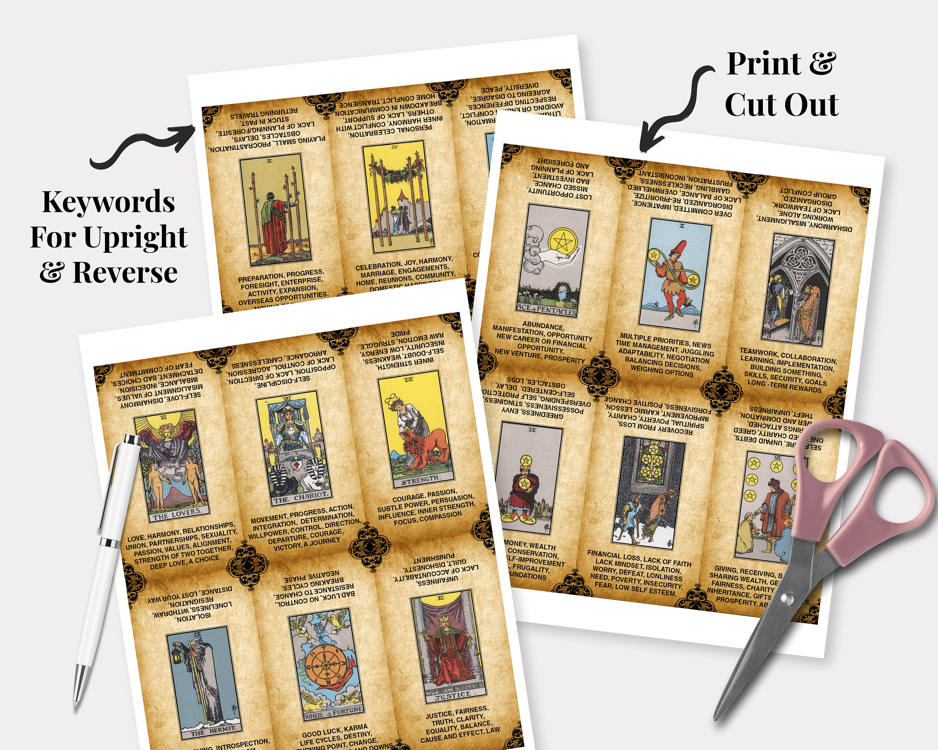 Printable Tarot Cards With Key Words Tarot Deck Tarot Flash Etsy