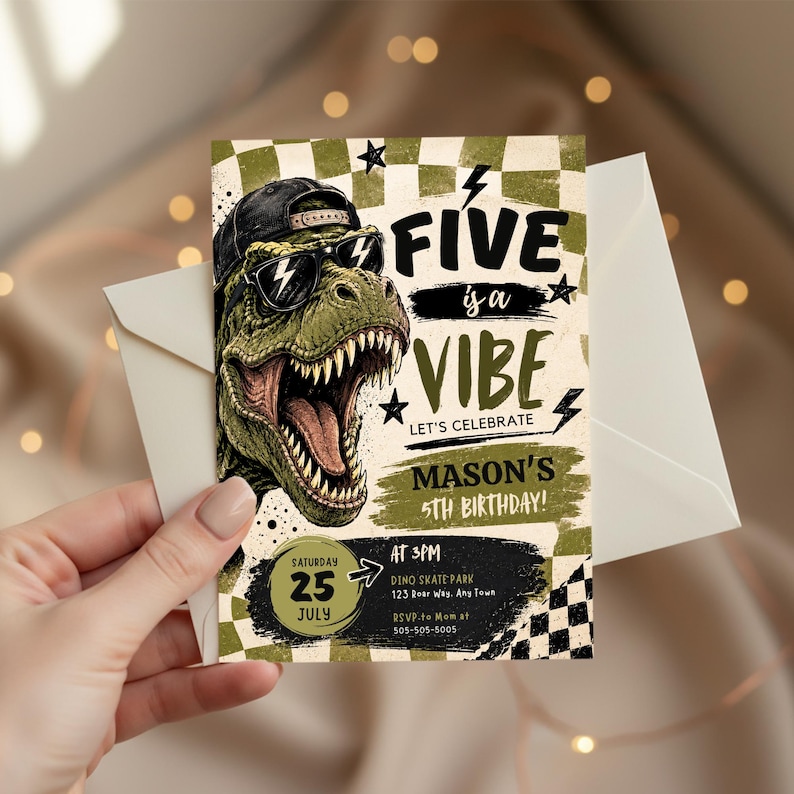 May include: A rectangular birthday invitation card featuring a green T-Rex wearing a black baseball cap and sunglasses. The background has a green and white checkered pattern with text that reads FIVE is a VIBE, LET'S CELEBRATE, MASON'S 5TH BIRTHDAY.