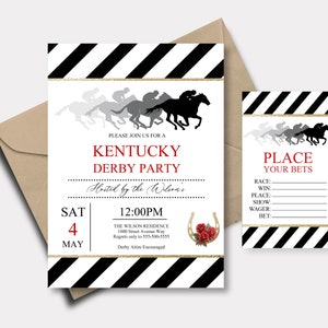 Invitation à une course de chevaux, Derby du Kentucky, roses rouges, invitation au Derby, cartes de paris BONUS, téléchargement immédiat des fichiers pdf faciles à modifier