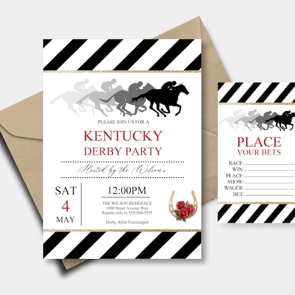 Horse Race Party Invitation, Kentucky Derby, Red Roses, Derby Day Invite BONUS Betting Cards INSTANT DOWNLOAD pdf files easy to edit