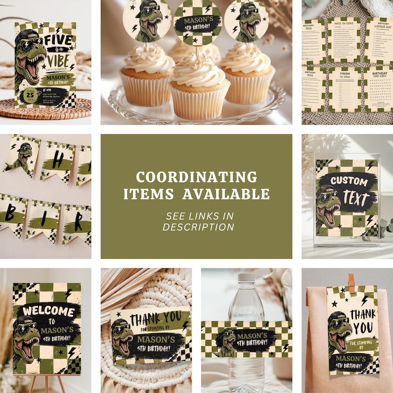 May include: A collection of dinosaur-themed birthday party supplies featuring a green and cream checkered pattern, a T-Rex wearing sunglasses and a cap, and black lightning bolt accents. Items include invitations, cupcake toppers, banners, and signs.
