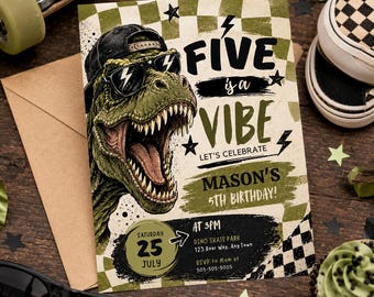 Zaproszenie urodzinowe Five is a Vibe Dinosaur: 5. urodziny Trex Digital Invite NATYCHMIASTOWE POBIERANIE Edytowalny szablon Canva