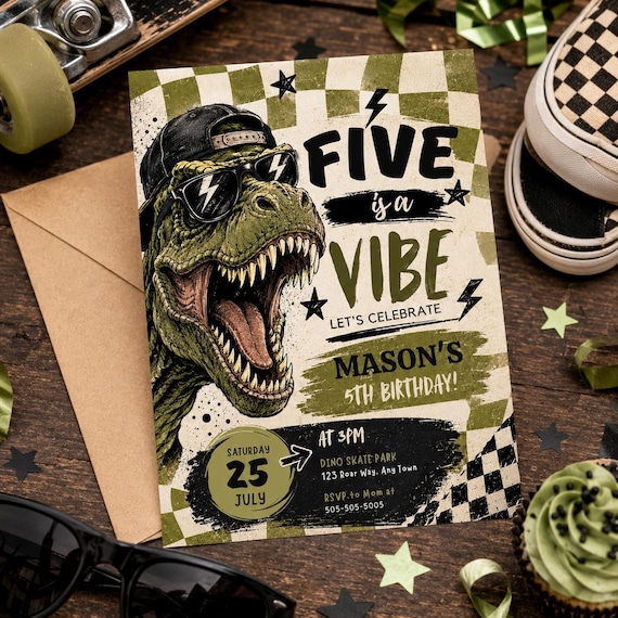 Five is a Vibe Dinosaur Birthday Invitation: 5th Birthday Party Trex Digital Invite INSTANT DOWNLOAD Editable Canva Template