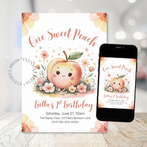 Une invitation pêche douce, pêche premier anniversaire, 1er anniversaire fête pêche fruit thème, modèle d'invitation numérique téléchargement immédiat