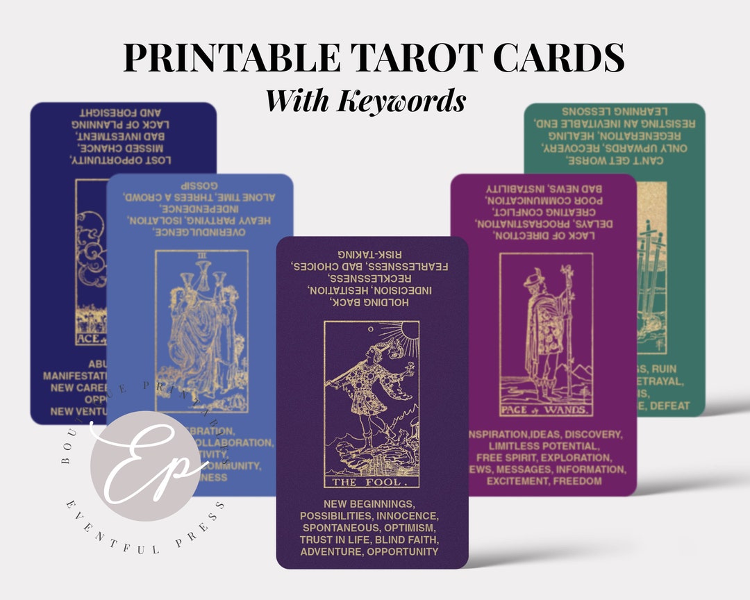 Printable Tarot Cards With Key Words Jewel Tones, Tarot Deck, Tarot Flash Cards, Learn Tarot