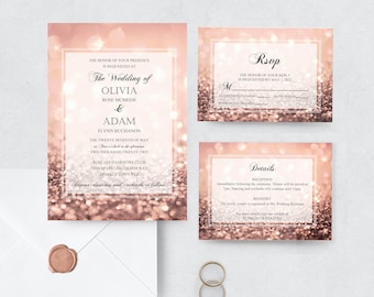 Roségouden glitter bruiloftsuitnodiging: blush roze (directe download)