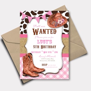 Pink Cowgirl Birthday Party Invitation | Yeehaw, Rodeo, Wanted Poster, Country Western | INSTANT DOWNLOAD pdf