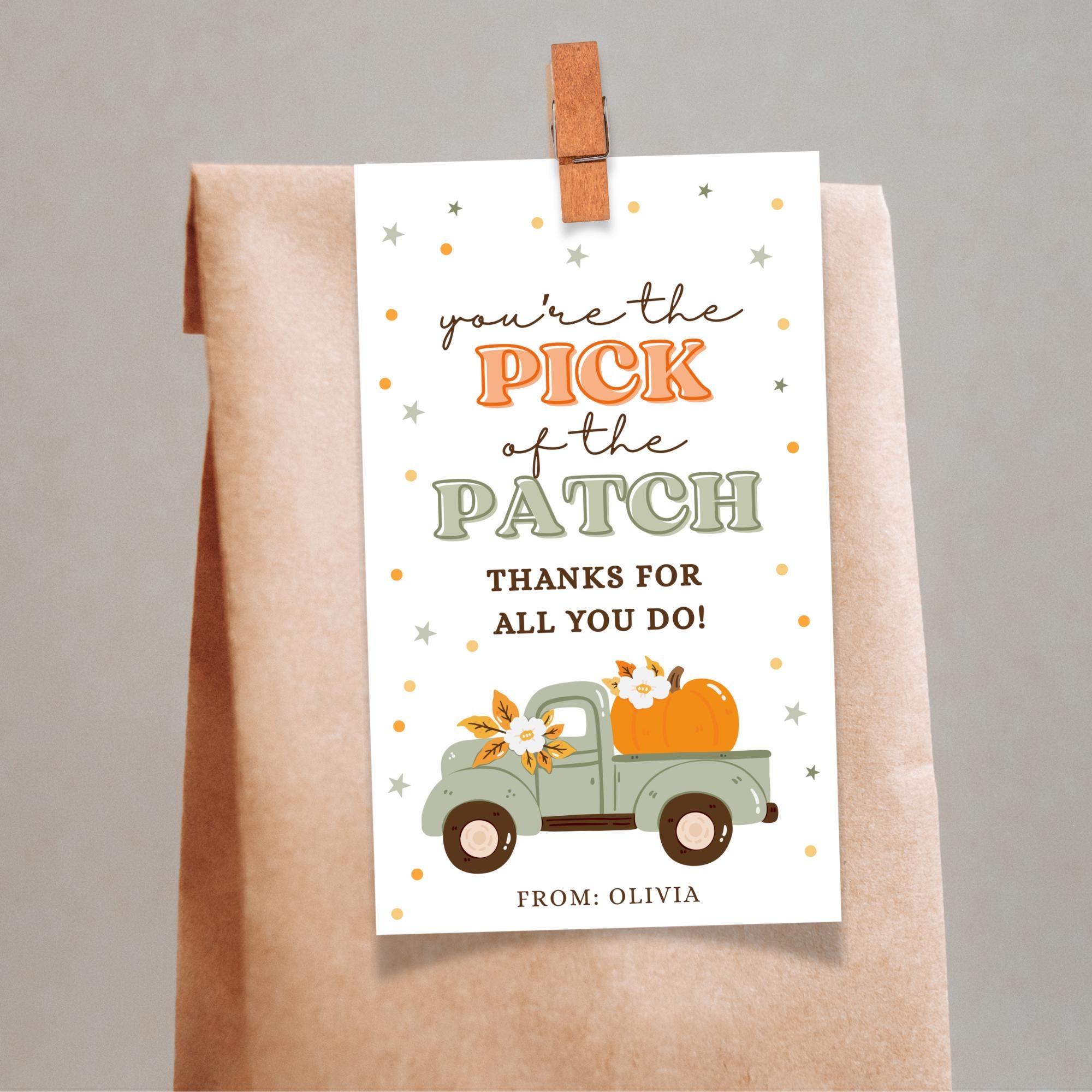 Pick of the Patch Printable Thank You Tags, Fall Pumpkin Tags, Teacher ...