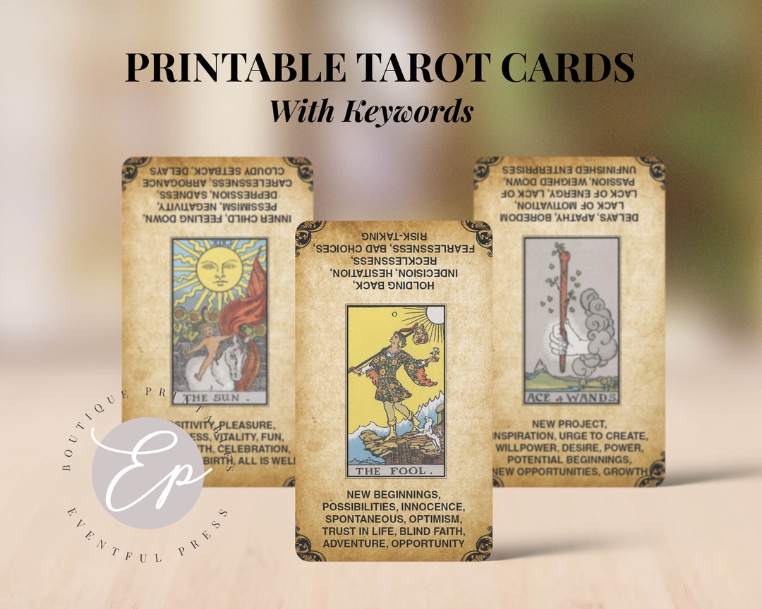 Printable Tarot Cards With Key Words Tarot Deck, Tarot Flash Cards, Learn Tarot Easy Digital