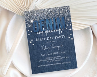 Denim & Diamonds Party Invitation, Glamour Blue Jeans Birthday or Any Occasion INSTANT DOWNLOAD easy to edit PDF Template