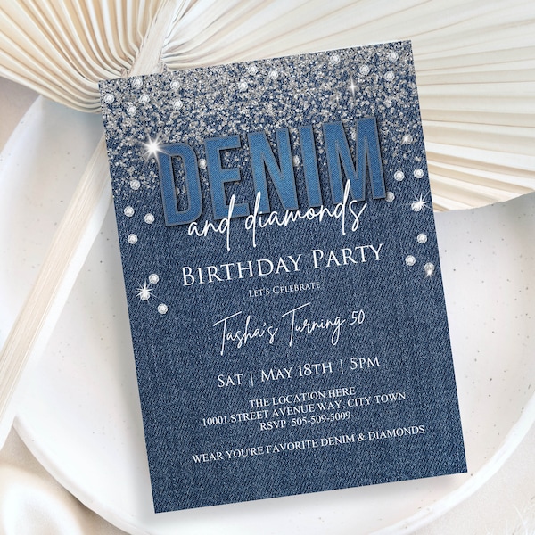 Denim & Diamonds Party Invitation, Glamour Blue Jeans Birthday or Any Occasion INSTANT DOWNLOAD easy to edit PDF Template