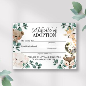 Adopt an Animal Sign Adoption Certificate Two Wild Safari Birthday ...