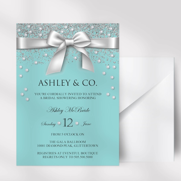 Bride & Co. Little White Bow Invitation, Aqua Blue, Diamonds, Breakfast At Inspired Invite, Edit the text and Use for any Occasion