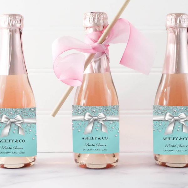 Bride & Co. Little White Bow Printable Champagne or Mini Wine Bottle Labels, Wedding or Shower Favors, Breakfast At, Aqua, Instant Download