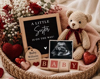 Digital Pregnancy Announcment Editable Template, Little Sister on the Way, Valentine Baby Girl Reveal,  INSTANT DOWNLOAD Canva Template