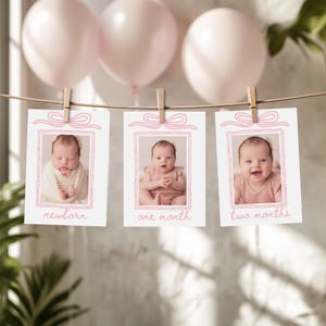 Puede incluir: Tres fotos de hitos de bebé colgadas de una cuerda con pinzas de madera. Cada foto tiene un marco de lazo rosa y las palabras "recién nacido", "un mes" y "dos meses". Globos rosas en el fondo.