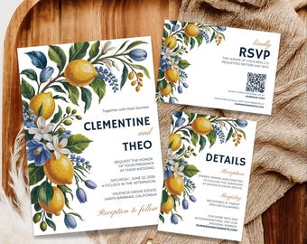 Lemon Wedding Invitation Set: Editable Mediterranean Theme (Digital Download)