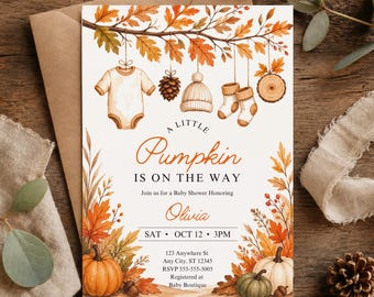 Pumpkin Baby Shower Invitation | Fall Pumpkins, Autumn Baby Clothes Invite | Editable Canva Template
