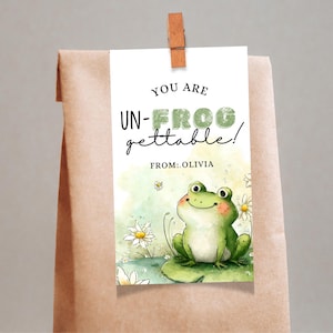 May include: A gift tag with a watercolor illustration of a green frog on a lily pad, surrounded by daisies. The tag reads "YOU ARE UN-FROG-gettable!" and "FROM: OLIVIA". The tag is attached to a brown paper bag with a wooden clip.