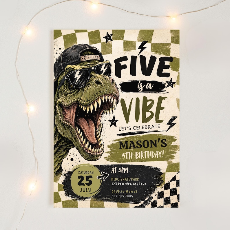 May include: A birthday invitation card featuring a green T-Rex wearing a black baseball cap and sunglasses. The background has a beige and olive green checkered pattern. Text includes FIVE is a VIBE, MASON'S 5TH BIRTHDAY, and event details.