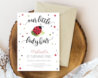 Ladybug First Birthday Invitation: Watercolor Polka Dots (Instant Download)