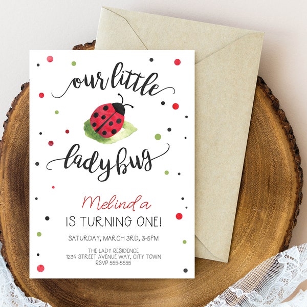 Ladybug Birthday Invitation | VIRTUAL PARTY INVITATION |  Polka Dots, Watercolor Ladybug, First Birthday, Girls Birthday | Instant Download