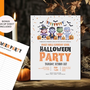Kids Halloween Party Flyer AND Bonus Sign UP Sheet Halloween Event Editable School Flyer 8.5 x 11 Info Poster PDF Instant Download