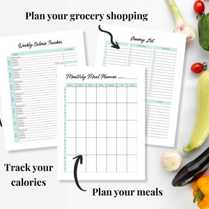 May include: Printable planner pages for meal planning, grocery shopping, and calorie tracking. The pages are white with black text and blue accents. The pages are surrounded by vegetables and a mushroom.