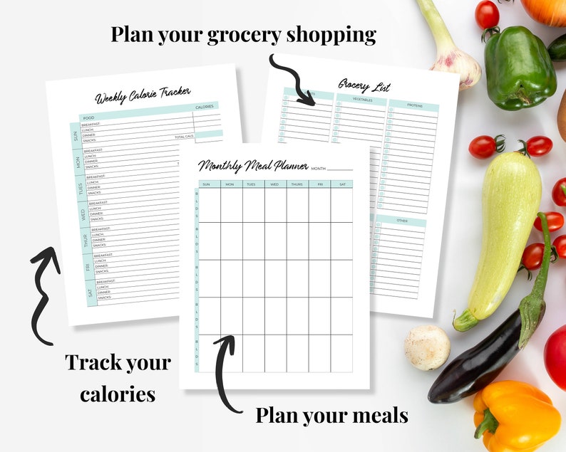May include: Printable planner pages for meal planning, grocery shopping, and calorie tracking. The pages are white with black text and blue accents. The pages are surrounded by vegetables and a mushroom.