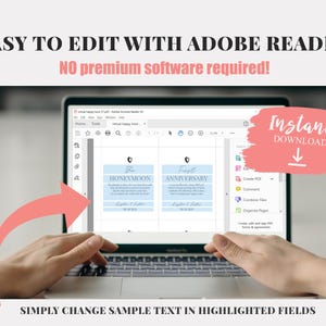 May include: A laptop screen displaying a digital PDF document with two editable cards titled The Honeymoon and First Anniversary. The screen shows Adobe Acrobat Reader interface with highlighted fields for text entry and an arrow graphic.