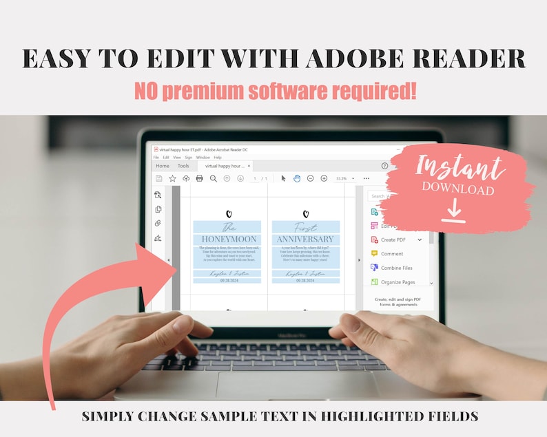 May include: A laptop screen displaying a digital PDF document with two editable cards titled The Honeymoon and First Anniversary. The screen shows Adobe Acrobat Reader interface with highlighted fields for text entry and an arrow graphic.