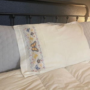 Vintage Crewel Butterfly Pillowcase Hand Stitched Embroidery