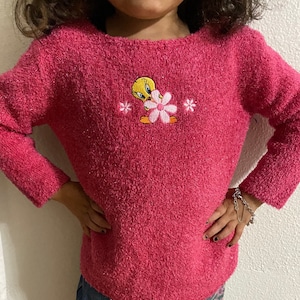 Vintage Girls Pink Sweatshirt Tweety Bird Looney Tunes Pullover Sparkly Sweater