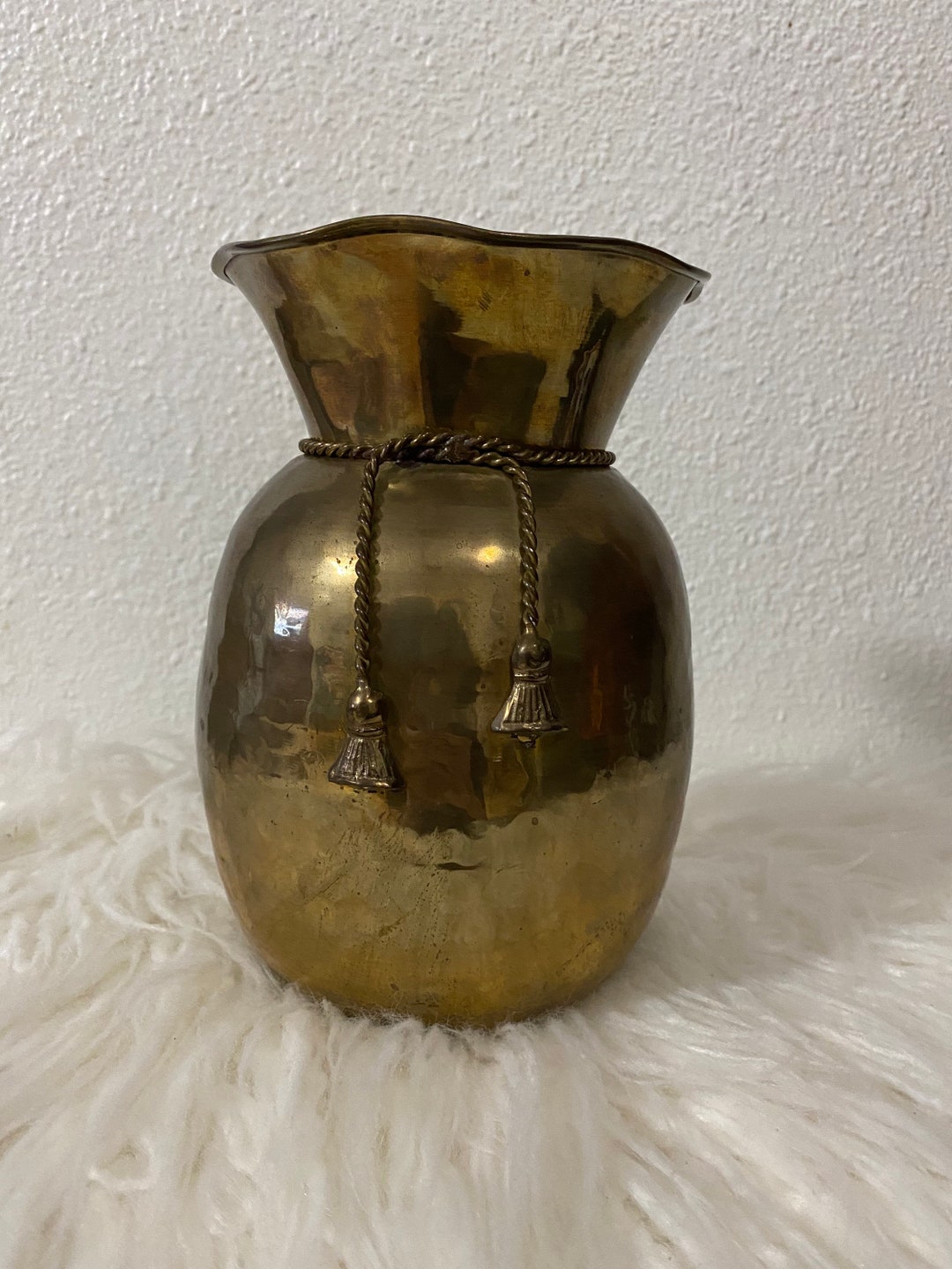 Vintage Hammered Brass Vase With Rope Accent Detail Gold Plant Etsy