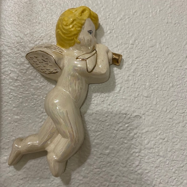 Set of 2 Vintage Handmade Ceramic Angel Wall Hanging cherub Hand Painted Bird Wall  Plaque Decor