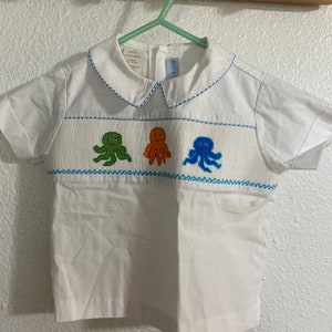 Vintage Smocked Toddler Shirt Seersucker Collared Polo Shirt - Brand Vive La Fete Botique Baby Fashion Clothes Octopus Appliqué Embroidery