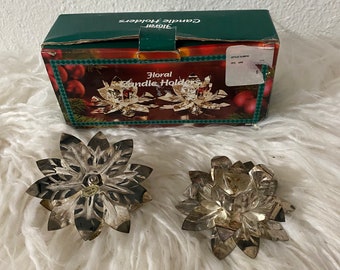 Vintage Brass Candlestick Holder Lotus Flower Tea Lights Set of 2 Matching Candles