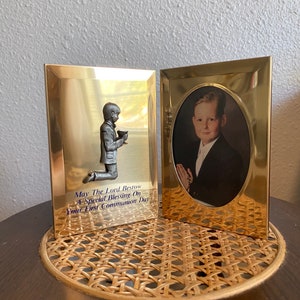 Vintage Brass Picture Frame First Communion Bi Fold Bronze Photo Gift Christian Prayer Scripture