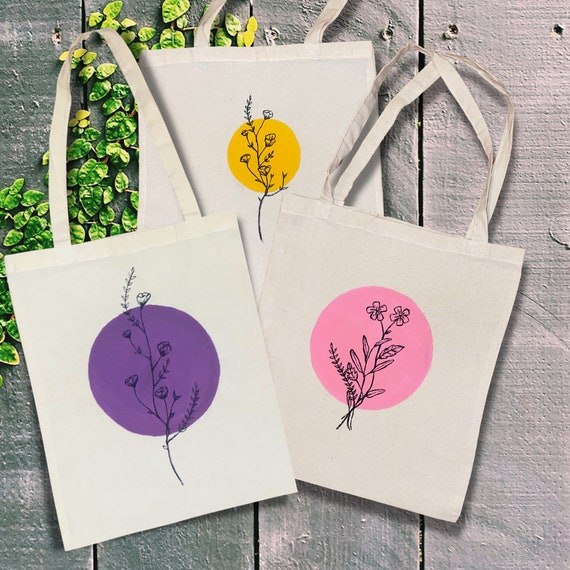 Hand Painted Tote Bag Simple Flower Design Plant Design - Etsy