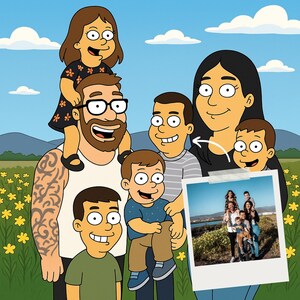 Custom Family Portrait Cartoon – Personalized Family Illustration (Up to 7 People), Digital Drawing from Photos