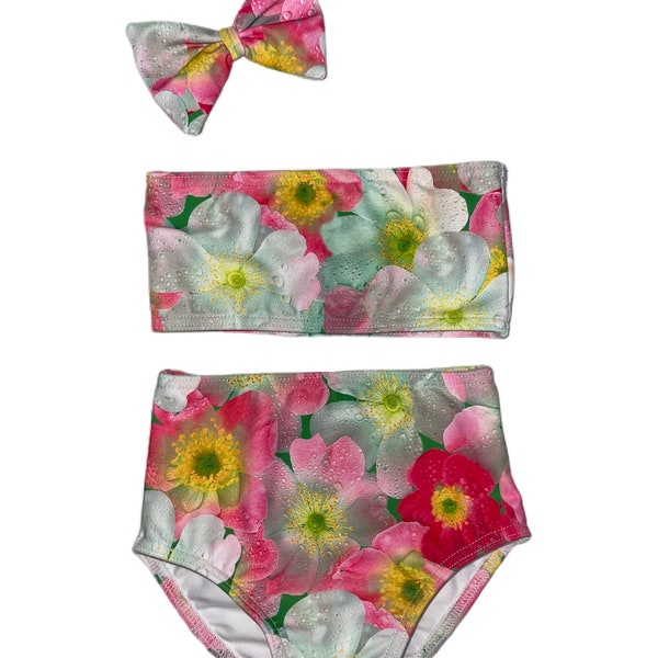 Pink Floral Two Piece Bandeau High Waist Swimwear