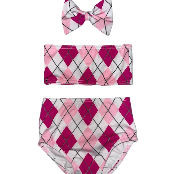 Pink Argyle Bandeau High Waist Two Piece Swimwear