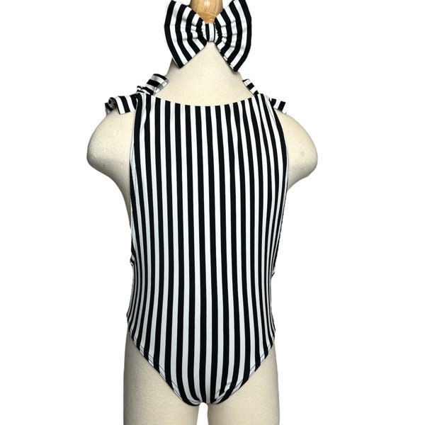 Black & White Striped One Piece Open Back Swimwear