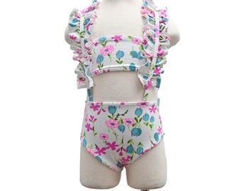 Floral Ruffle Suspenders Two Piece Swimwear