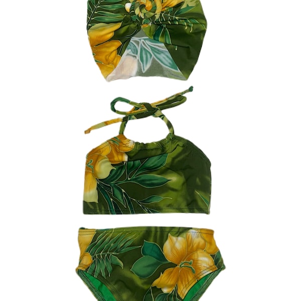 Green Floral Two Piece Halter High Waist Swimwear