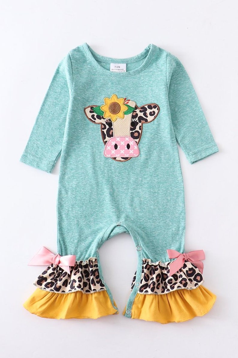 Mint Cow /& Leopard Print Ruffle Romper 3m-18m
