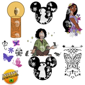 May include: A set of digital cut files featuring a candle, a butterfly, a man with a beard, a woman with long dark hair, and two Mickey Mouse silhouettes with floral designs. The files are perfect for crafting projects like scrapbooking, card making, and vinyl decals.