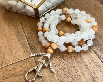 Serenity White Jade and Sandalwood Mala Lanyard, Mala Necklace, Gift for Her, Work Accessory, Badge Holder