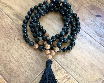 Protection Obsidian  Mala, 108 Bead Necklace, Gift for Her, Rudraksha and Obsidian, Tassel Necklace